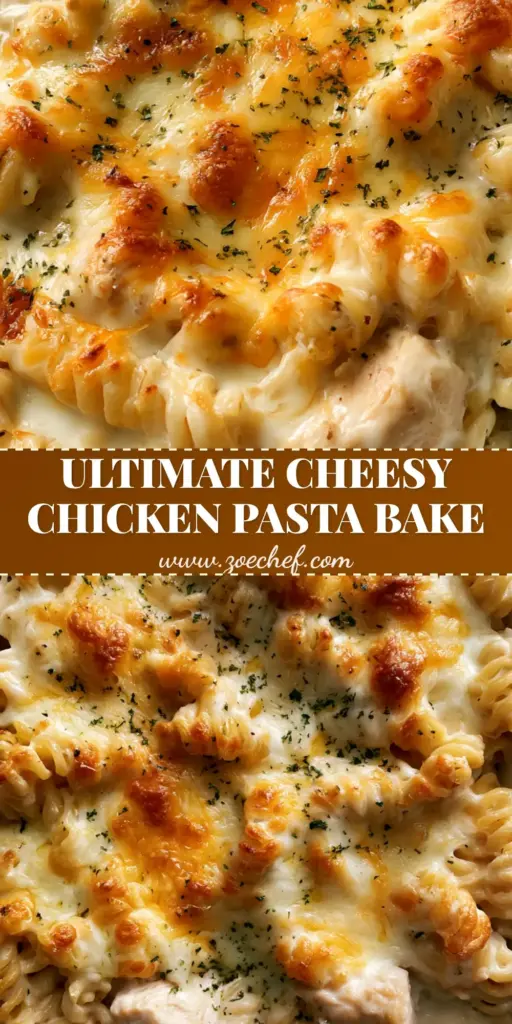 A top-down close-up photo of a white rectangular ceramic baking dish filled with Cheesy Chicken Pasta Casserole featuring rotini pasta, alfredo sauce, and toasted golden-brown cheese bubbles.