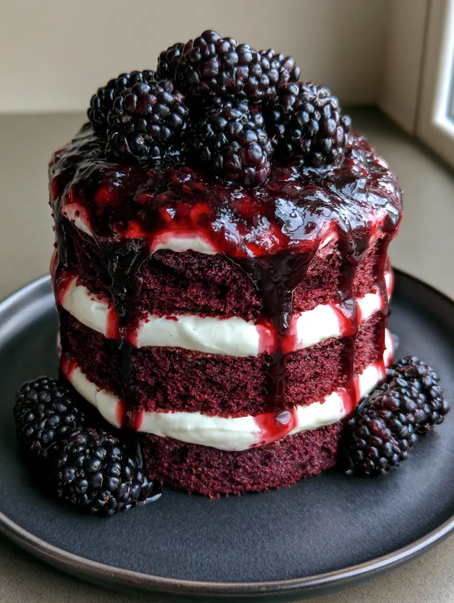 Blackberry Velvet Gothic Cake with Mascarpone Cream 3 Close up of the velvet crumb and thick cream filling of the Blackberry Velvet Gothic Cake.