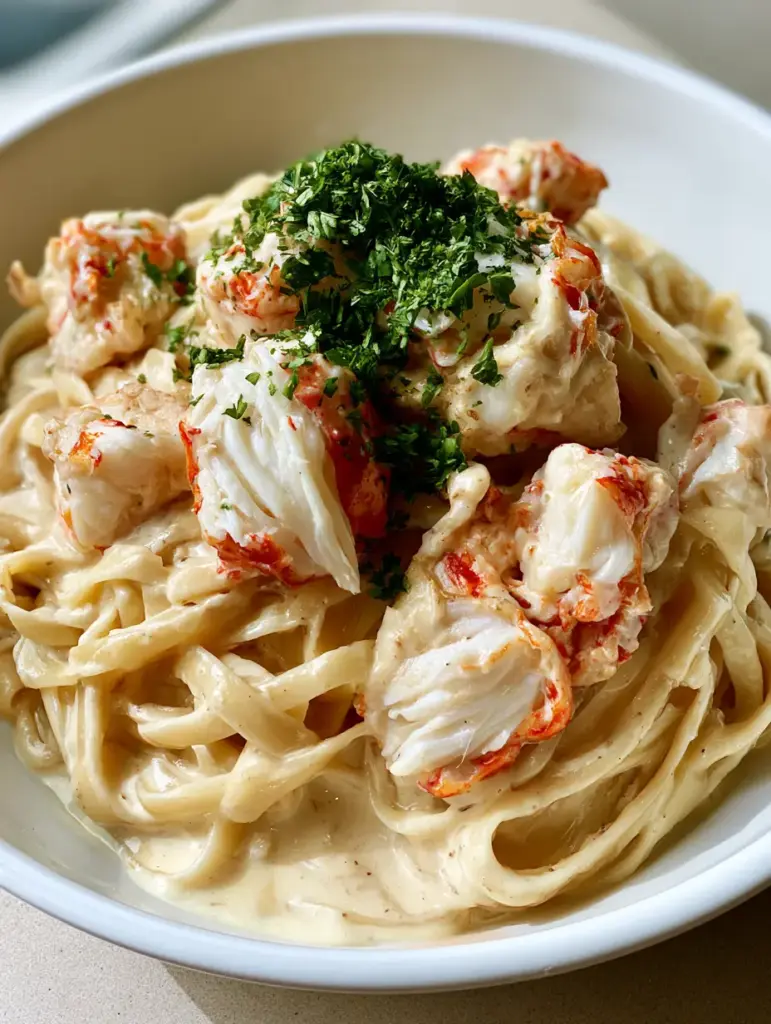 Crab Fettuccine Alfredo with Succulent Lump Crab Meat 1 Top-down view of Crab Fettuccine Alfredo featuring steamed lump crab meat and heavy green parsley flakes.
