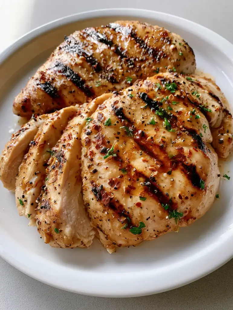 Grilled Chicken Marinade: The Secret to Juicy, Char-Grilled Perfection 1 Defined parallel char marks on a perfectly grilled chicken breast, garnished with fresh green parsley and red pepper flakes.