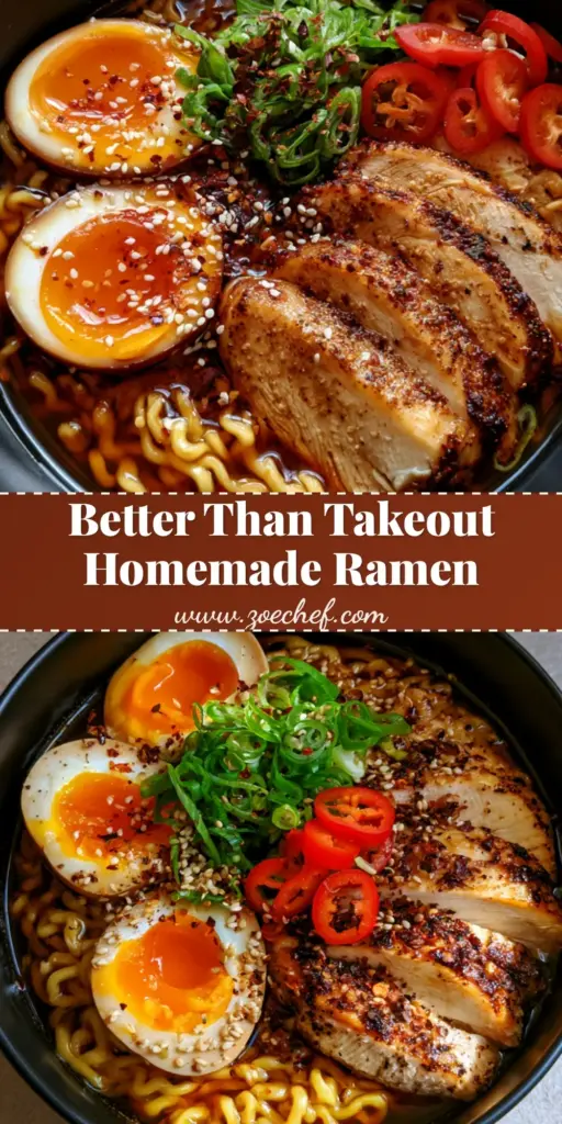Easy Homemade Ramen Recipe with Seared Chicken and Jammy Eggs 3 A matte black ceramic bowl filled with an Easy Homemade Ramen Recipe featuring seared chicken, wavy noodles, and jammy eggs.