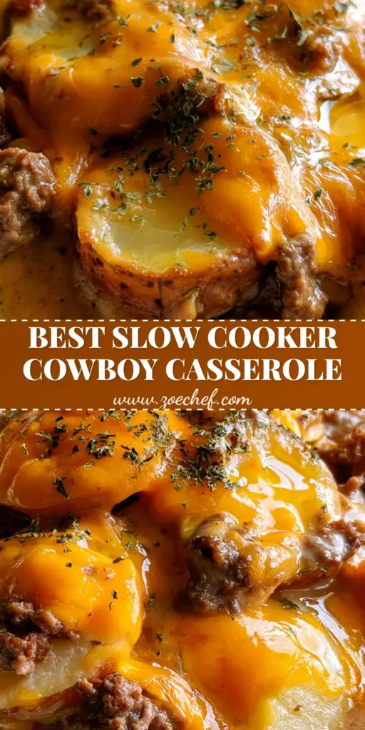Slow Cooker Cowboy Potato Casserole With Savory Brown Gravy 3 A close-up vertical shot of Slow Cooker Cowboy Potato Casserole in a white bowl showing bubbly melted cheddar, browned beef, and potato rounds.