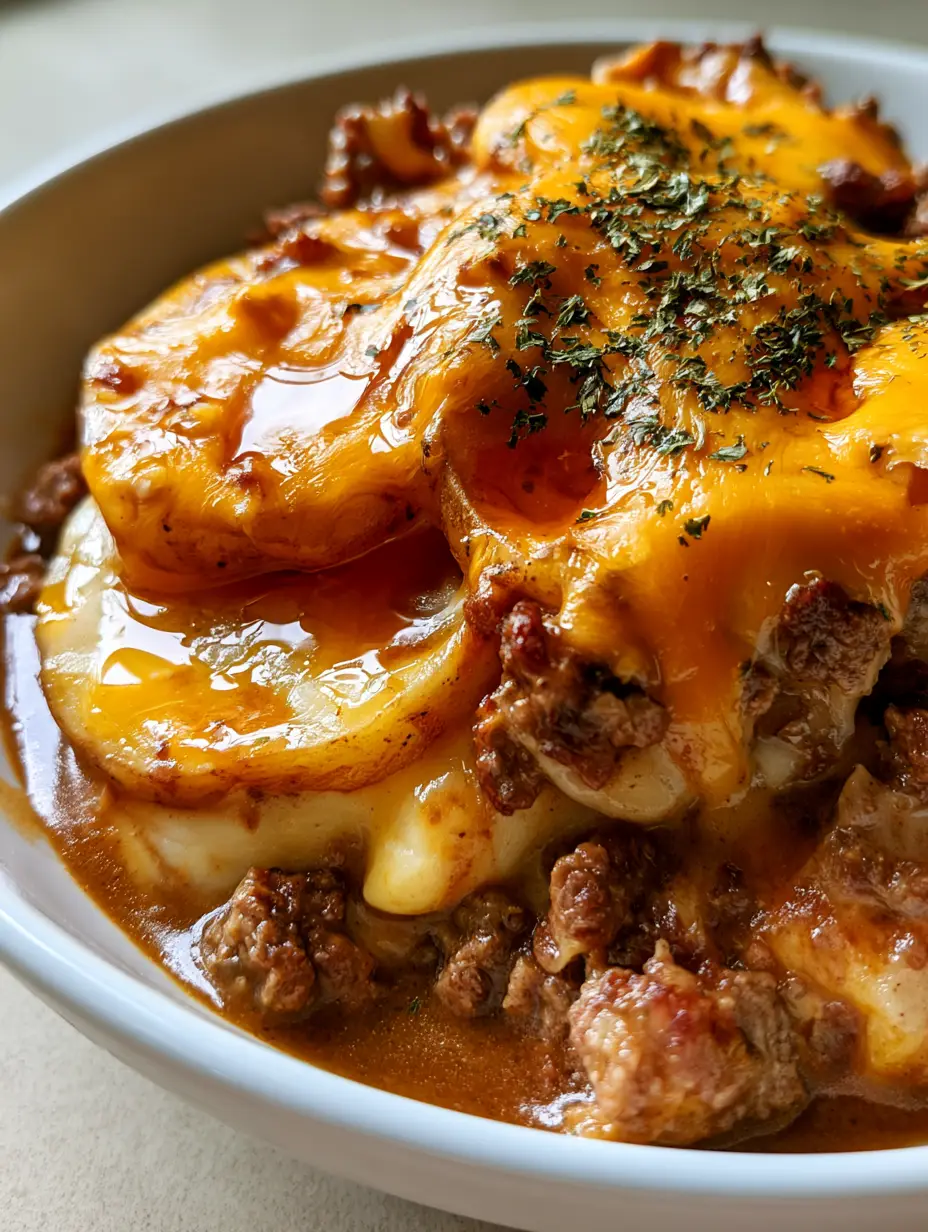 Slow Cooker Cowboy Potato Casserole With Savory Brown Gravy 4 A handheld smartphone photo showing a close-up of Slow Cooker Cowboy Potato Casserole with visible pools of oil on melted cheese and parsley garnish.