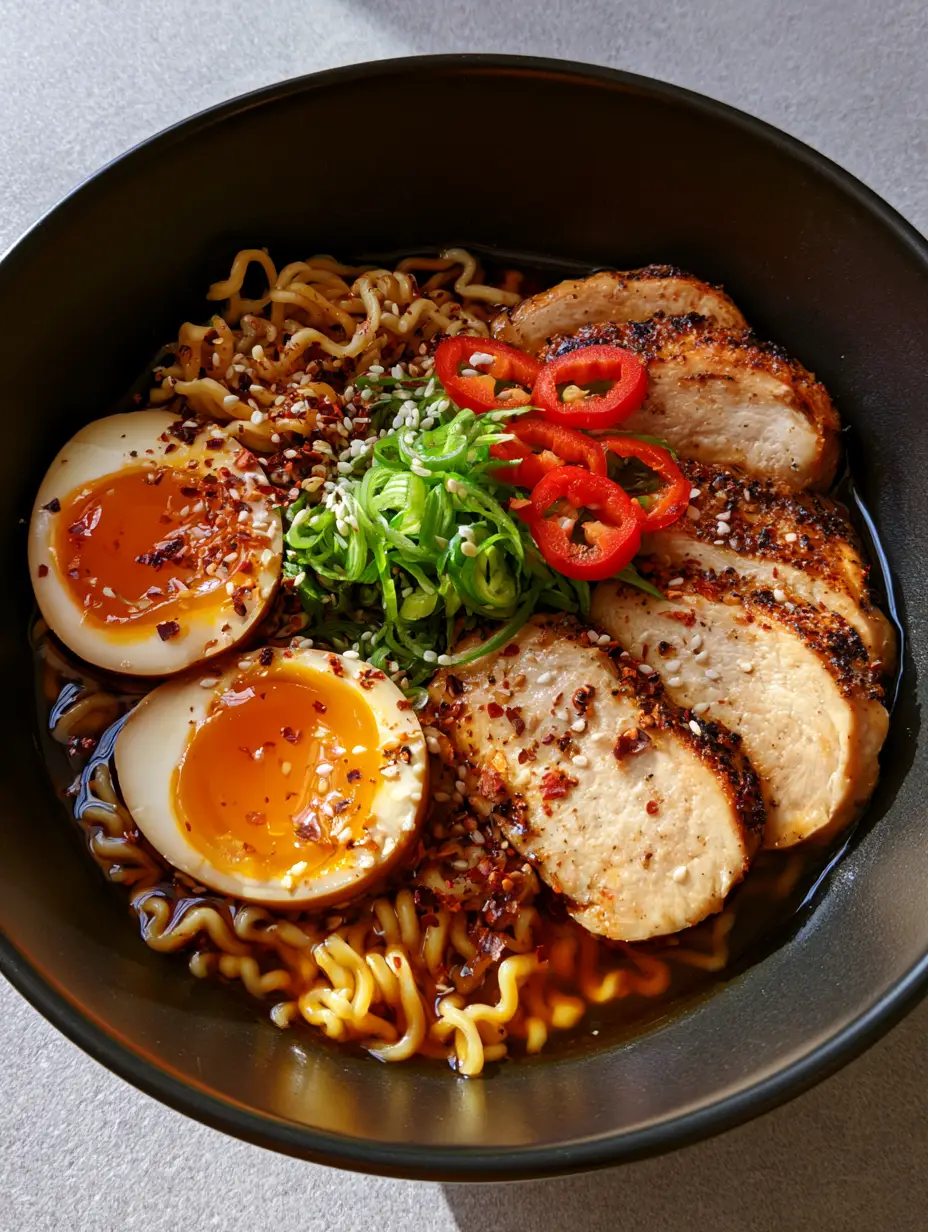 Easy Homemade Ramen Recipe with Seared Chicken and Jammy Eggs 4 Close-up of seared chicken breast slices and jammy eggs in a rich amber broth. (Easy Homemade Ramen Recipe)