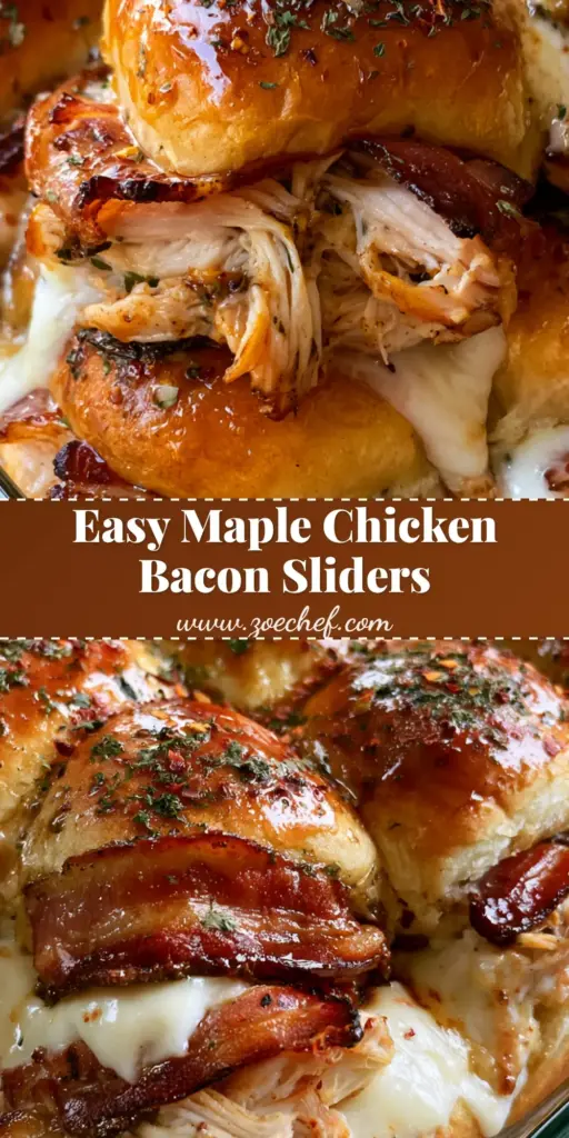 Close up shot of Maple Chicken Bacon Sliders in a glass dish with thick bacon and oozing mozzarella.