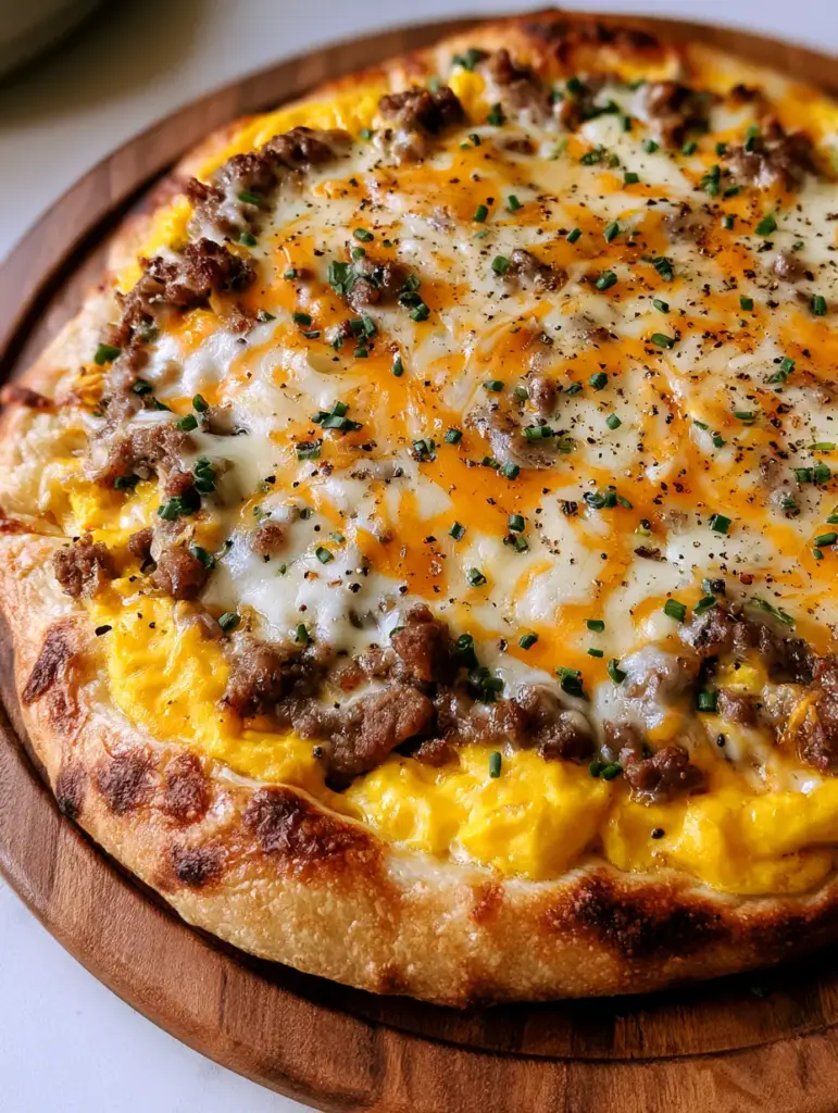 Close up view of breakfast pizza toppings including melted mozzarella, orange cheddar, and fresh green chives. (Breakfast Pizza)