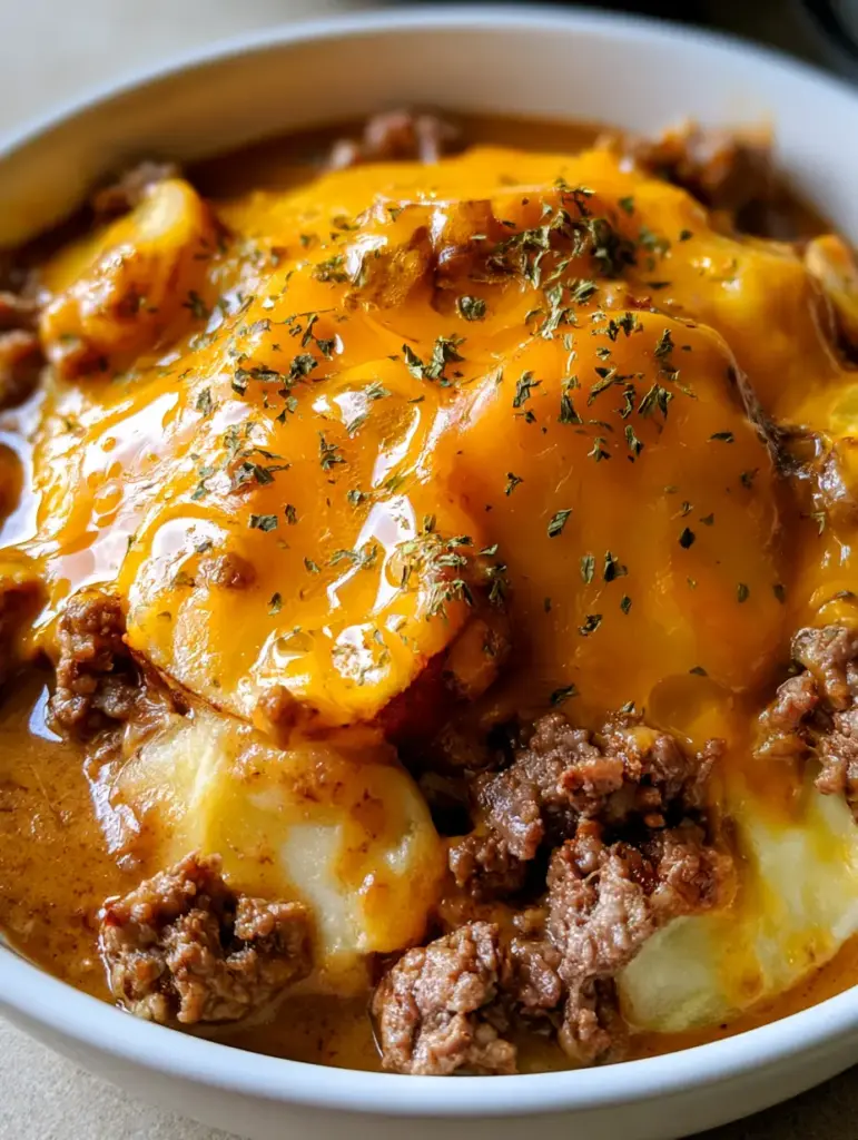 Slow Cooker Cowboy Potato Casserole With Savory Brown Gravy 1 A photo of the layered Slow Cooker Cowboy Potato Casserole featuring tender potato rounds and savory brown gravy sauce.
