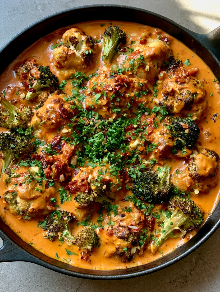 Close up of charred roasted cauliflower florets in a thick orange-hued sun-dried tomato sauce. (Marry Me Roasted Vegetables)