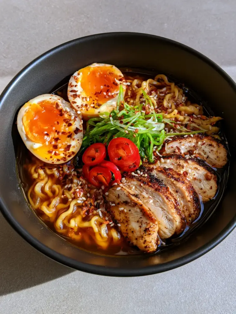 Easy Homemade Ramen Recipe with Seared Chicken and Jammy Eggs 1 A top-down view of the completed Easy Homemade Ramen Recipe garnished with scallions and chili rings.