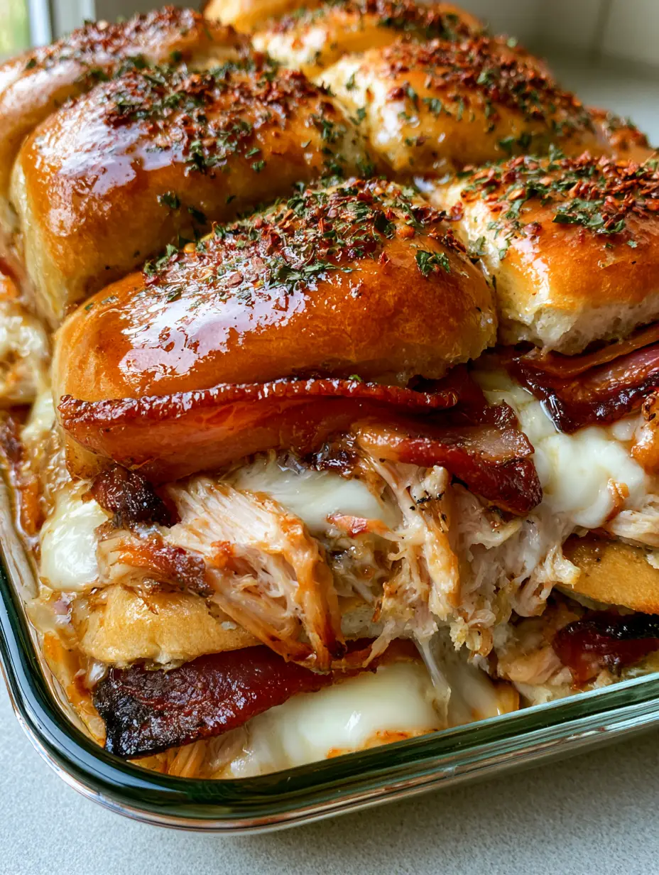 A high-angle shot of Maple Chicken Bacon Sliders glistening with maple butter glaze and red pepper flakes.