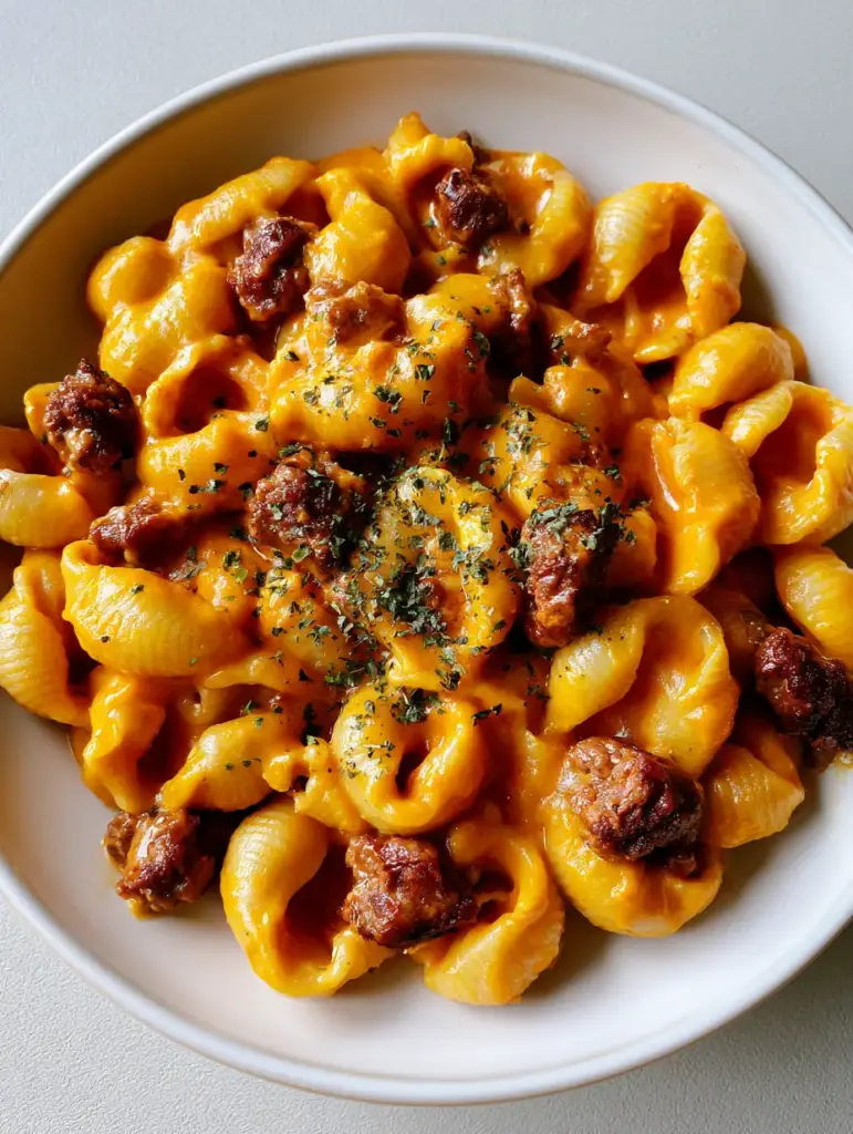 Cheeseburger Pasta: The Creamy 30-Minute Shells Your Family Needs 2 Close-up of al-dente shell pasta coated in glossy orange cheddar cheese sauce for Cheeseburger Pasta.