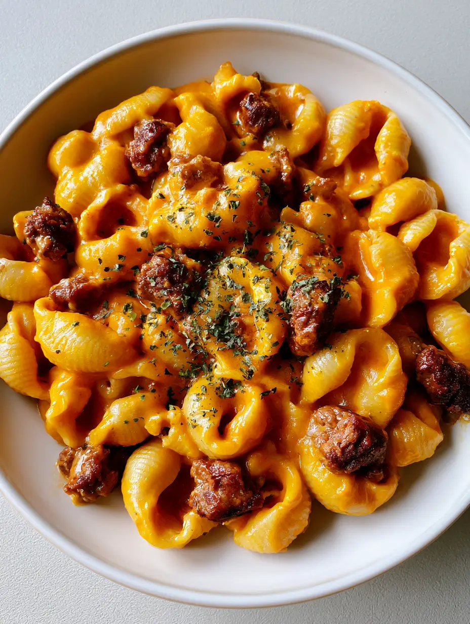 Cheeseburger Pasta: The Creamy 30-Minute Shells Your Family Needs 3 Close-up of al-dente shell pasta coated in glossy orange cheddar cheese sauce for Cheeseburger Pasta.
