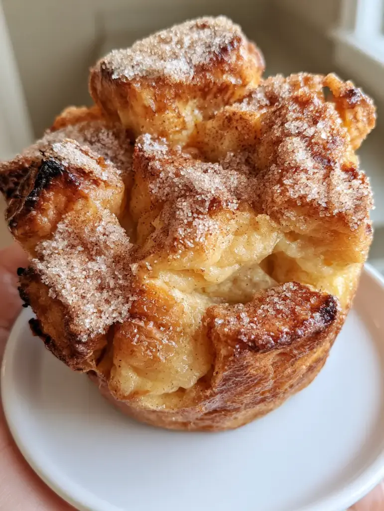 Handheld smartphone photo of a single Cinnamon Sugar French Toast Muffin with a buttery sheen and crispy edges.