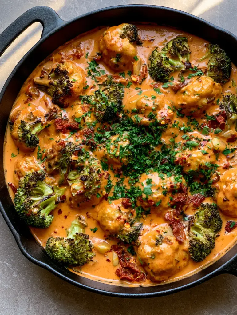 A cast iron skillet on a grey countertop filled with Marry Me Roasted Vegetables garnished with parsley.