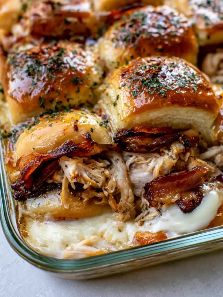 Detailed shot of the chicken and bacon layers inside the Maple Chicken Bacon Sliders.