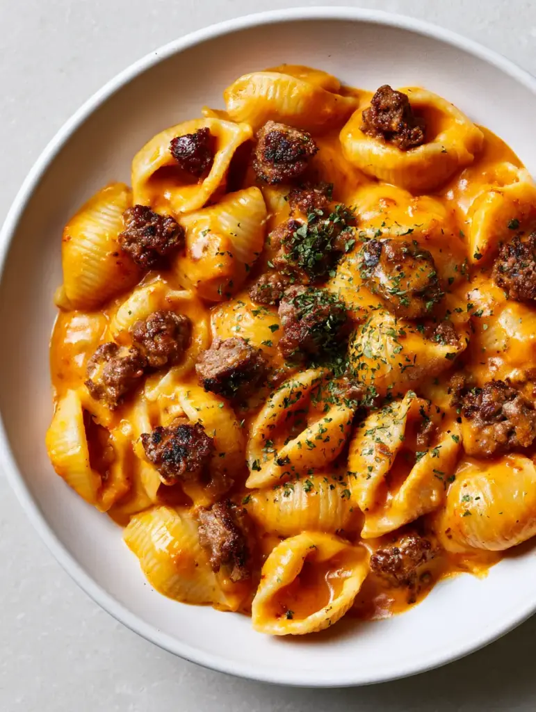 Cheeseburger Pasta: The Creamy 30-Minute Shells Your Family Needs 1 Detailed shot of browned ground beef crumbles and dried parsley flakes on top of Cheeseburger Pasta.