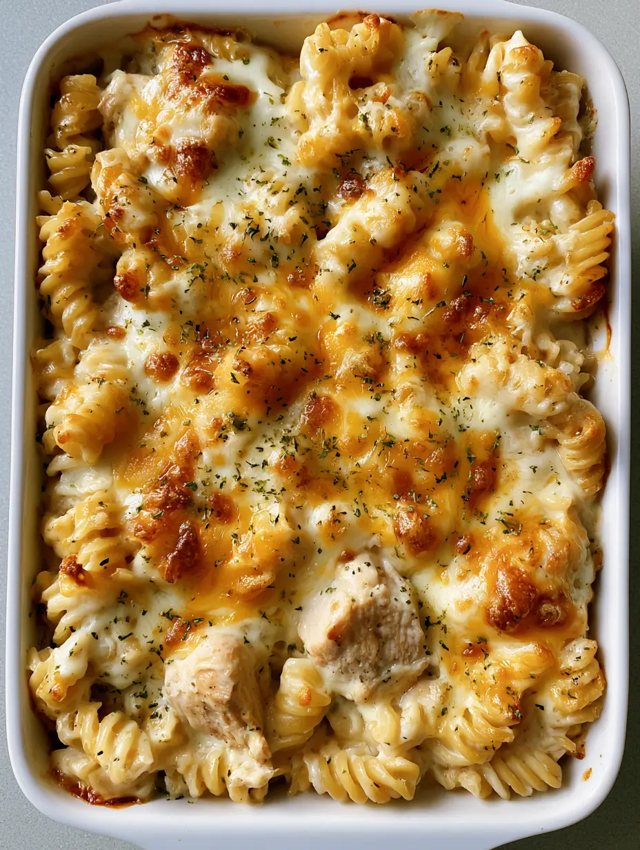Close-up of rotini pasta coated in creamy white sauce with succulent chicken chunks and melted mozzarella in a white ceramic dish. (Cheesy Chicken Pasta Casserole)