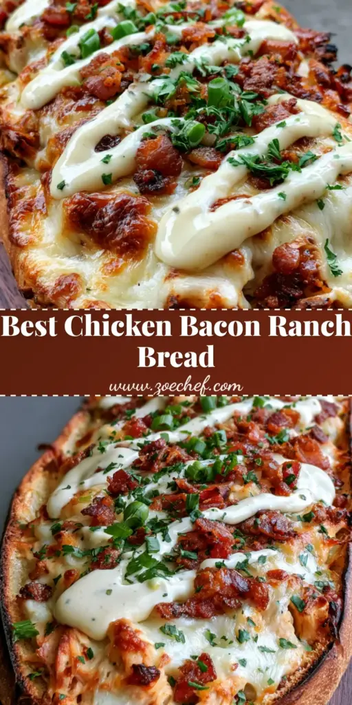 A long toasted Chicken Bacon Ranch Stuffed Bread loaf sliced lengthwise, filled with shredded chicken, bubbling mozzarella, and crispy bacon, drizzled with ranch and garnished with green onions on a dark wooden board.