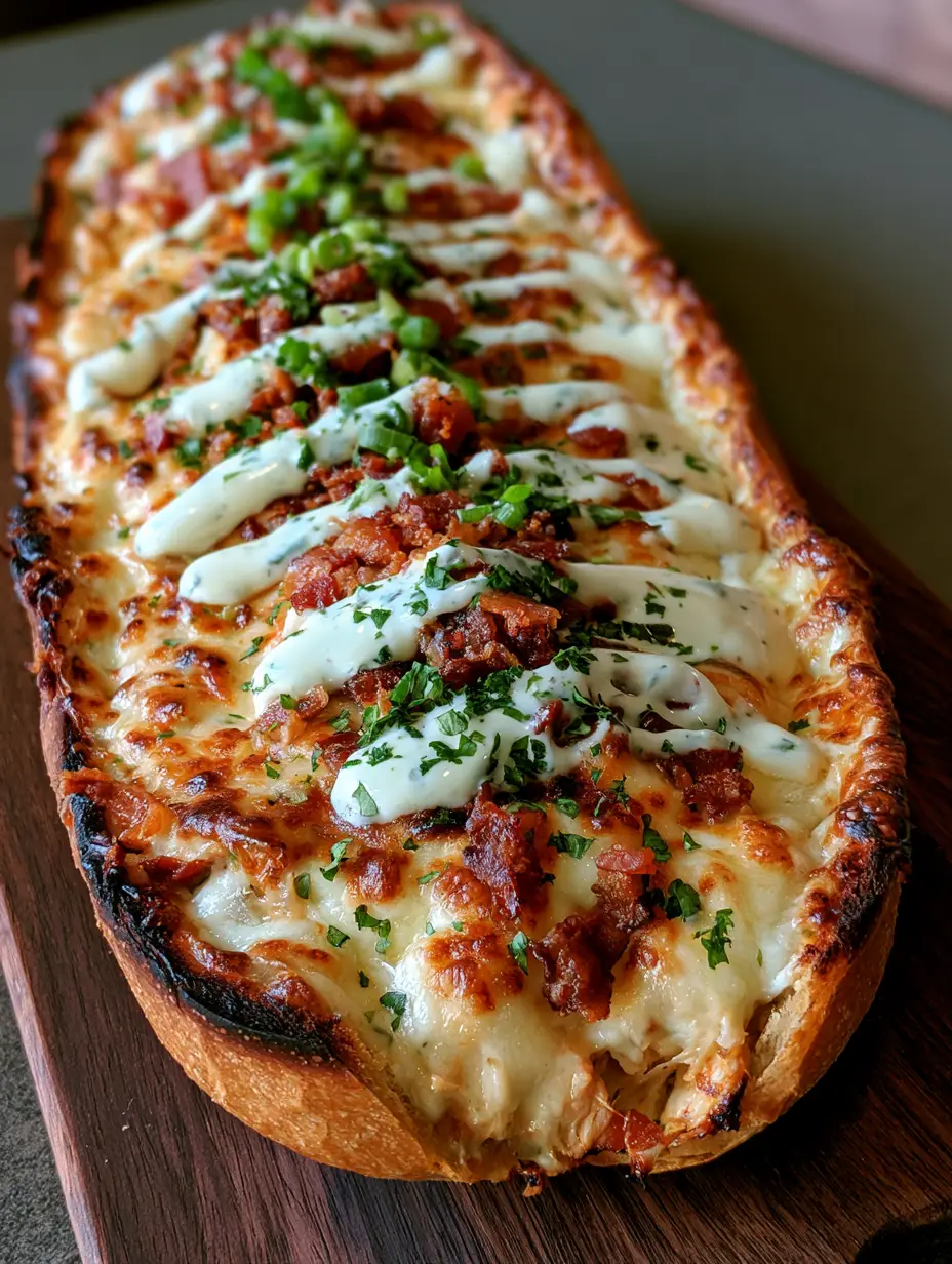 Close up of the Chicken Bacon Ranch Stuffed Bread showing the succulent shredded chicken and melted cheese textures.