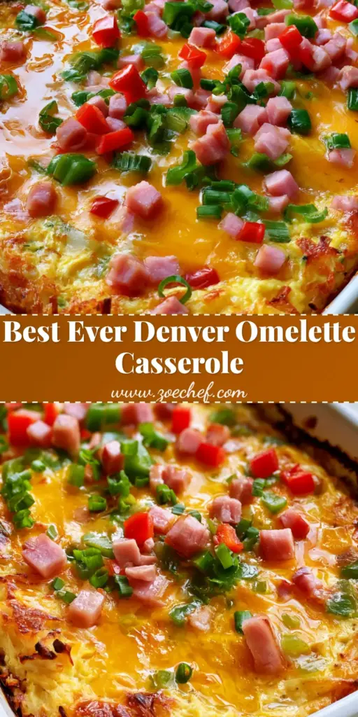 Denver Omelette Hashbrown Casserole with Crispy Cheddar Edges 4 A close-up shot of a Denver Omelette Hashbrown Casserole with melted sharp cheddar, diced ham, and vibrant bell peppers in a white dish.