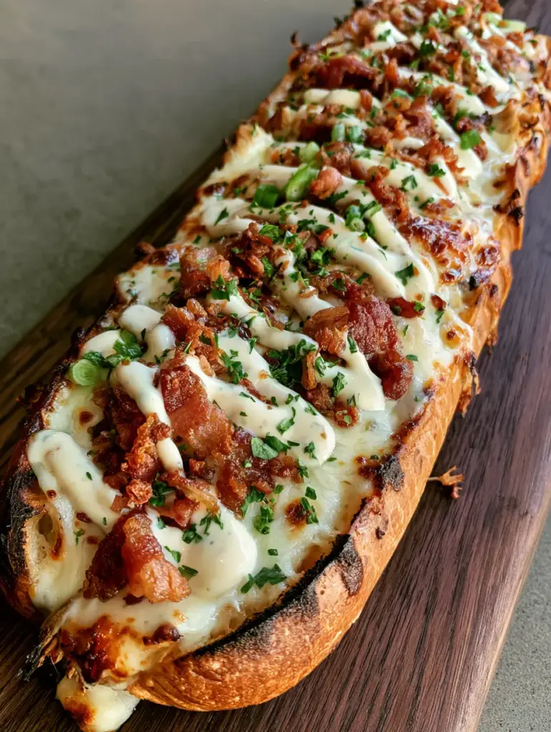A full-length view of the Chicken Bacon Ranch Stuffed Bread on a dark wooden cutting board with charred crust edges.