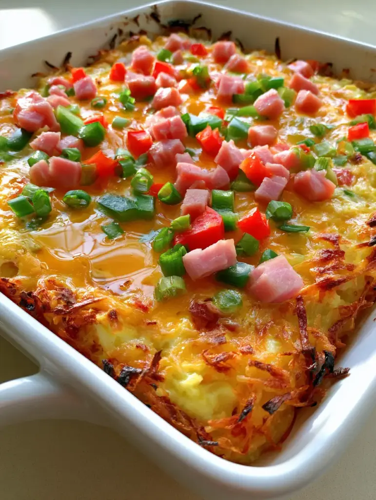 Top view of a Denver Omelette Hashbrown Casserole showing bubbly melted cheese and crispy edges.