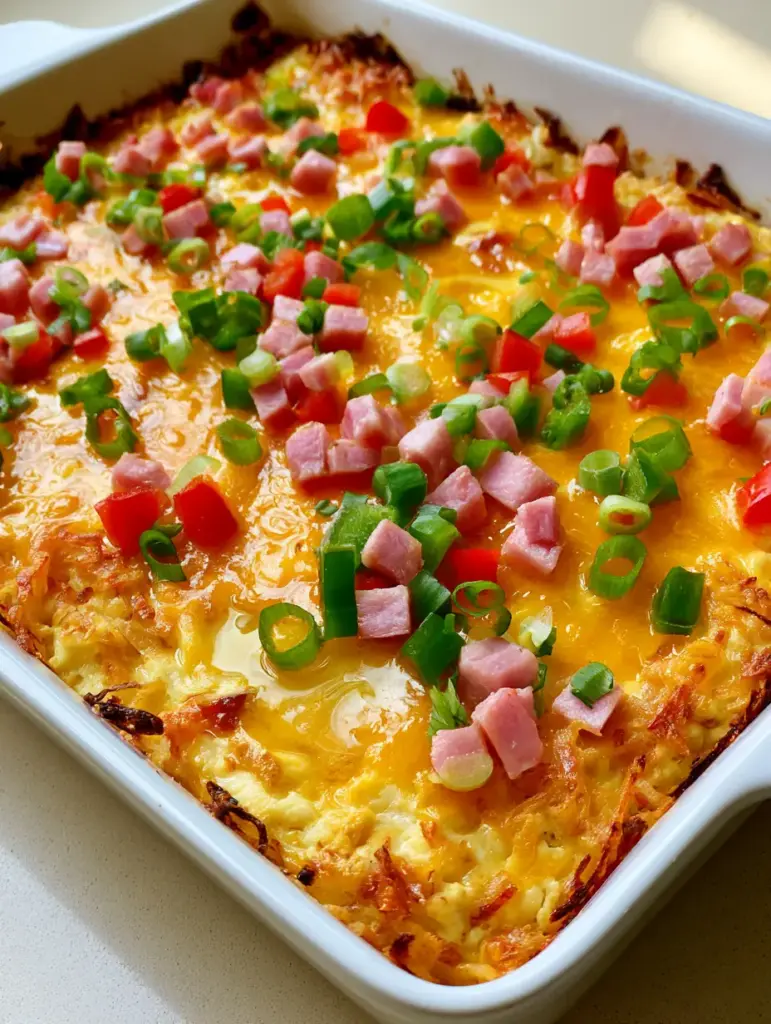 Denver Omelette Hashbrown Casserole with Crispy Cheddar Edges 1 A slice of Denver Omelette Hashbrown Casserole showing the thick layer of shredded golden-brown hashbrowns.
