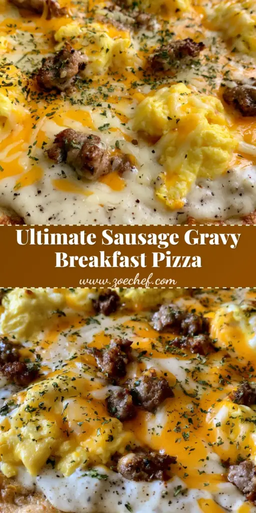 Sausage Gravy Breakfast Pizza: The Ultimate Comfort Brunch 4 A close-up shot of Sausage Gravy Breakfast Pizza on a rustic metal baking sheet with golden crust, white gravy, and melted cheese.