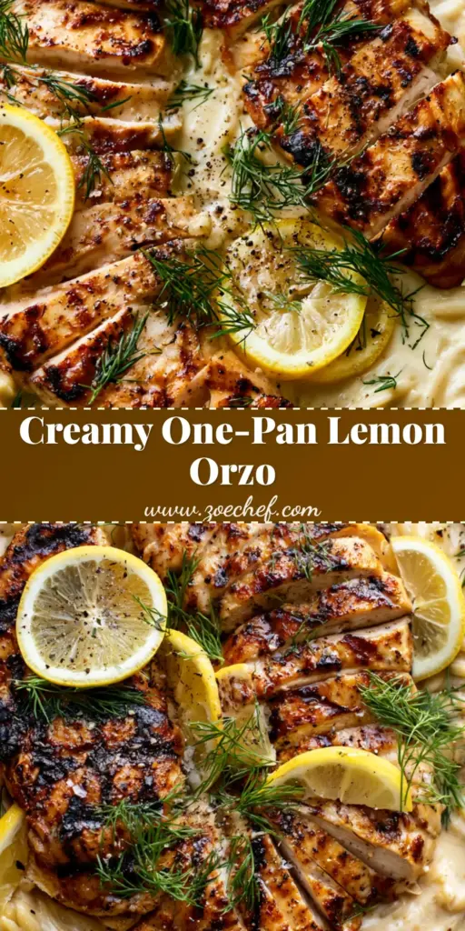 A top-down view of Creamy Lemon Chicken Orzo in a dark skillet featuring sliced seared chicken, lemon wheels, and fresh dill sprigs.