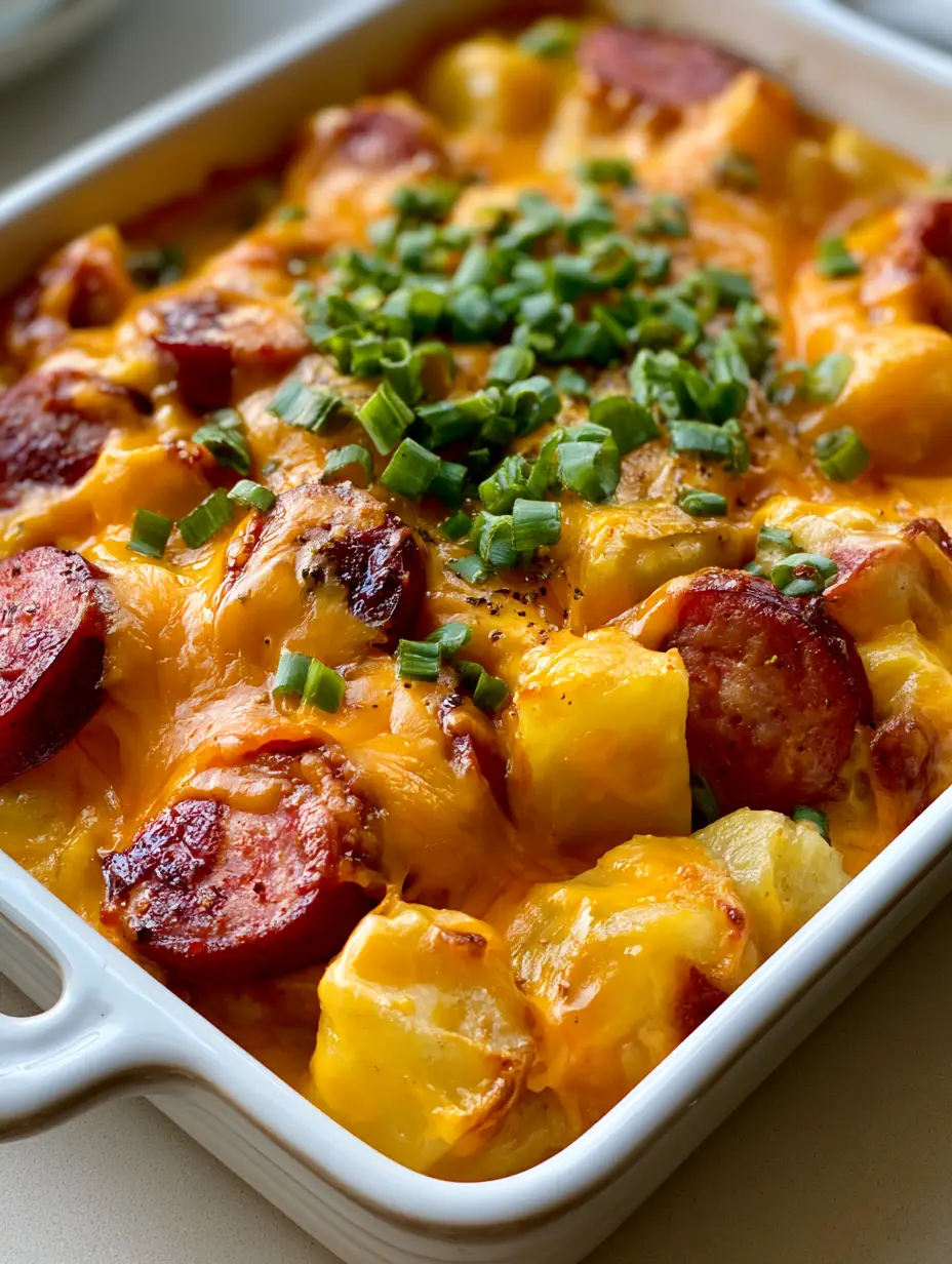 Kielbasa Potato Casserole: The Ultimate Cheesy Comfort Food 4 Close up of seared kielbasa slices and golden potatoes smothered in melted cheddar cheese. (Kielbasa Potato Casserole)