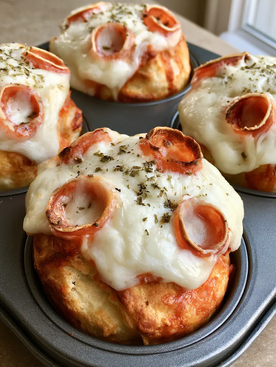 Six savory Pepperoni Pizza Muffins in a dark grey tin showing golden-brown biscuit dough and melted cheese.