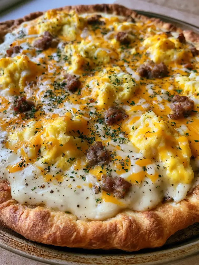 High-angle view of a Sausage Gravy Breakfast Pizza showing details of the creamy gravy and browned sausage clusters.