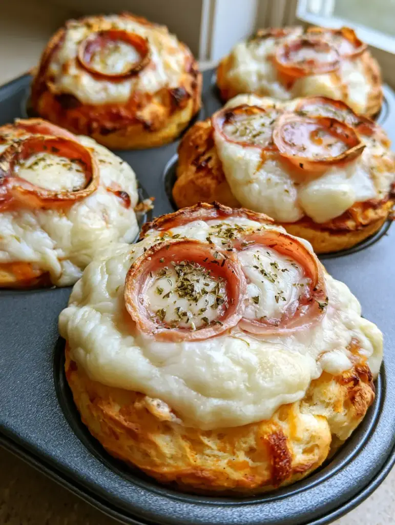 A top-down view of Pepperoni Pizza Muffins with bubbly cheese and dried green herb flakes.