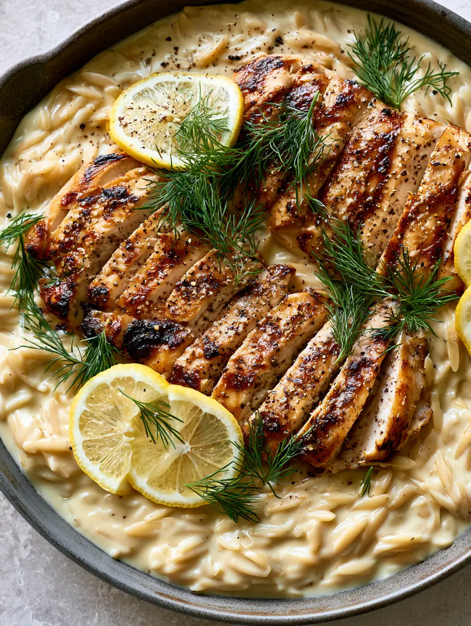 Close up shot of seared chicken breast with golden edges over a bed of Creamy Lemon Chicken Orzo.