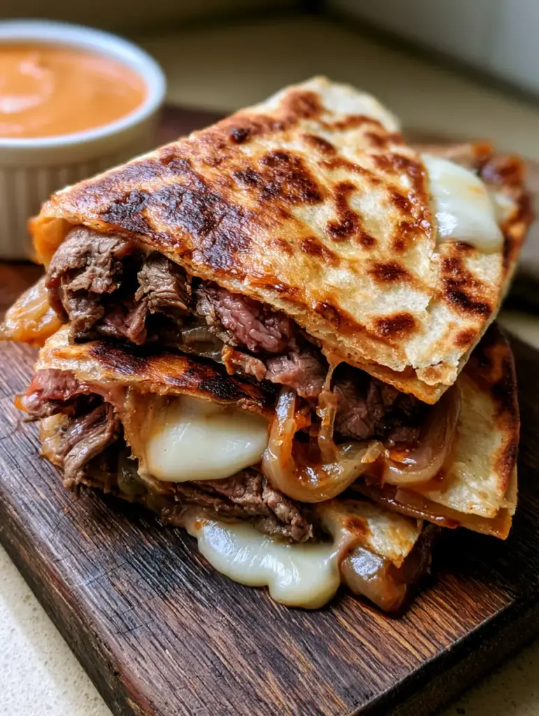Close up of seared shaved ribeye and melted Monterey Jack cheese inside a golden-brown Blackstone Steak Quesadilla.