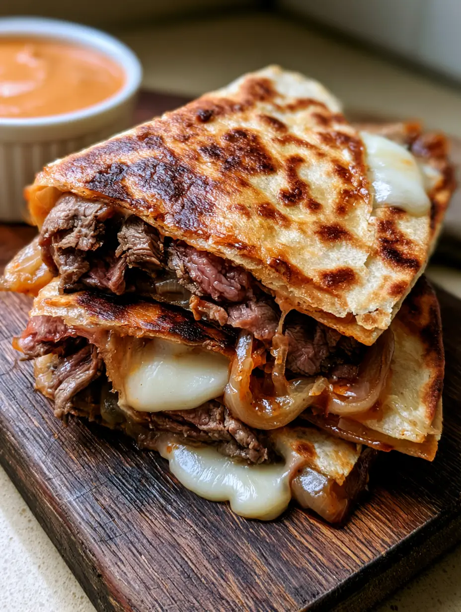 Blackstone Steak Quesadillas with Shaved Ribeye and Chipotle Sauce 4 Close up of seared shaved ribeye and melted Monterey Jack cheese inside a golden-brown Blackstone Steak Quesadilla.