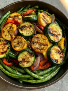 A sizzling cast iron skillet with green zucchini and yellow squash half-moons showing distinct char marks. (Sautéed Vegetables Recipe)