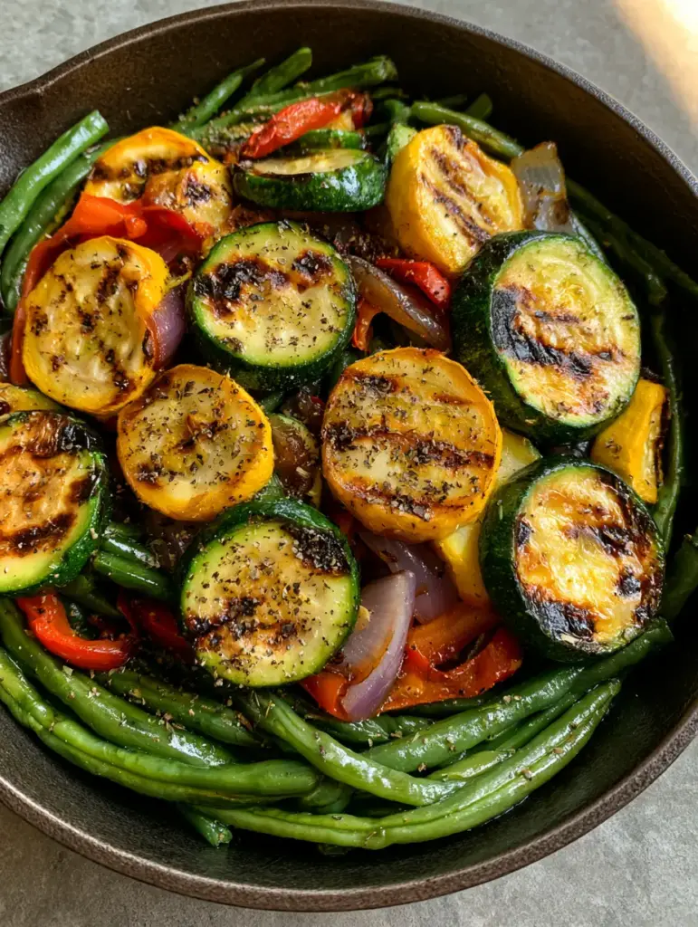 A sizzling cast iron skillet with green zucchini and yellow squash half-moons showing distinct char marks. (Sautéed Vegetables Recipe)