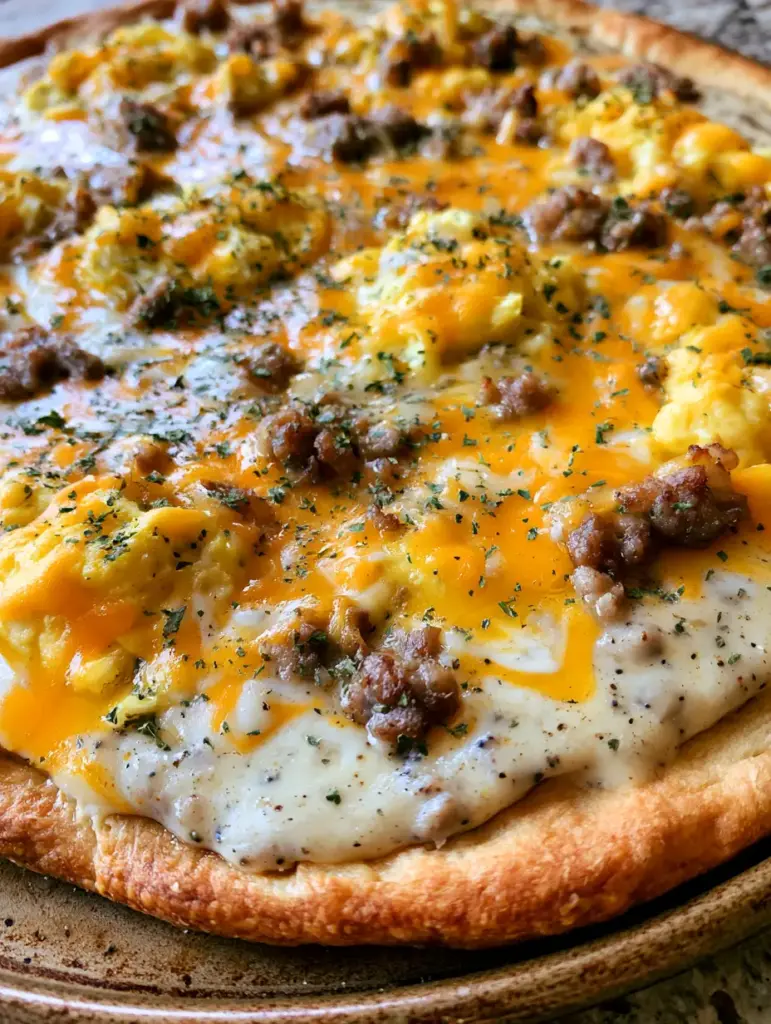 Sausage Gravy Breakfast Pizza: The Ultimate Comfort Brunch 1 Slices of Sausage Gravy Breakfast Pizza with melted cheddar and monterey jack cheese and dried parsley flakes.