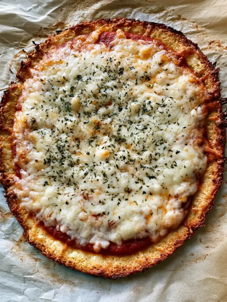 Cottage Cheese Pizza Crust: The Best Crispy High-Protein Recipe 1 A bubbling Cottage Cheese Pizza Crust with golden mozzarella spots and green dried herbs.