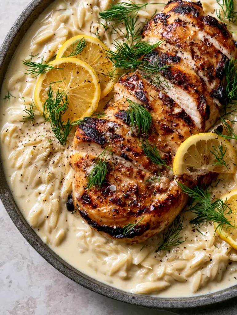 Rustic skillet filled with Creamy Lemon Chicken Orzo garnished with lemon slices and cracked black pepper.