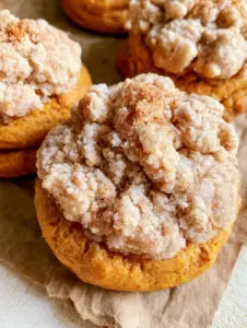 Close-up of Pumpkin Cinnamon Crumble Cookies showing the moist orange-hued dough and buttery flour clusters.