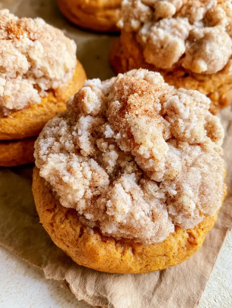 Close-up of Pumpkin Cinnamon Crumble Cookies showing the moist orange-hued dough and buttery flour clusters.