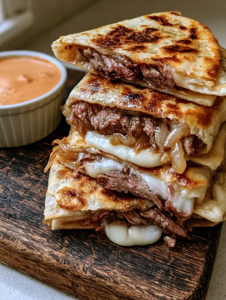 Blackstone Steak Quesadillas with Shaved Ribeye and Chipotle Sauce 1 Sliced steak quesadillas on a rustic board with a buttery sheen and crispy charred spots from the griddle.