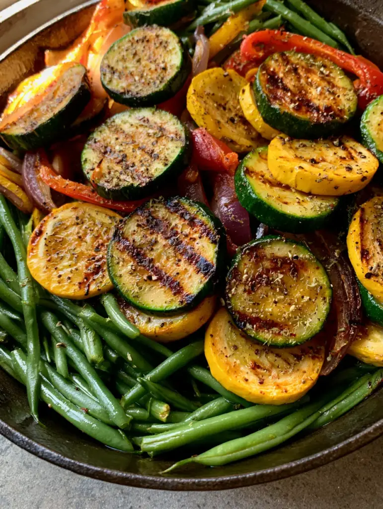 Sautéed Vegetables Recipe: The Ultimate Skillet Side Dish 1 Sautéed vegetables in a pan including translucent red onions, green beans, and red peppers with a glossy oil glaze.