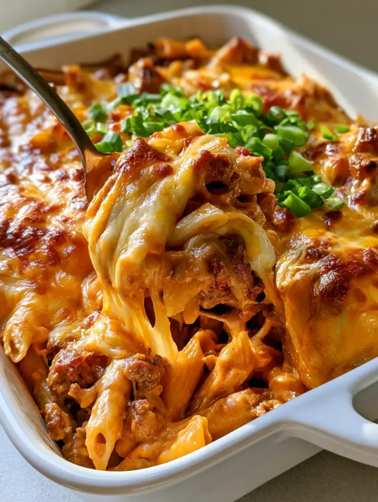 Close-up of Cheeseburger Casserole in a white dish showing melted bubbly cheddar and toasted golden-brown spots.