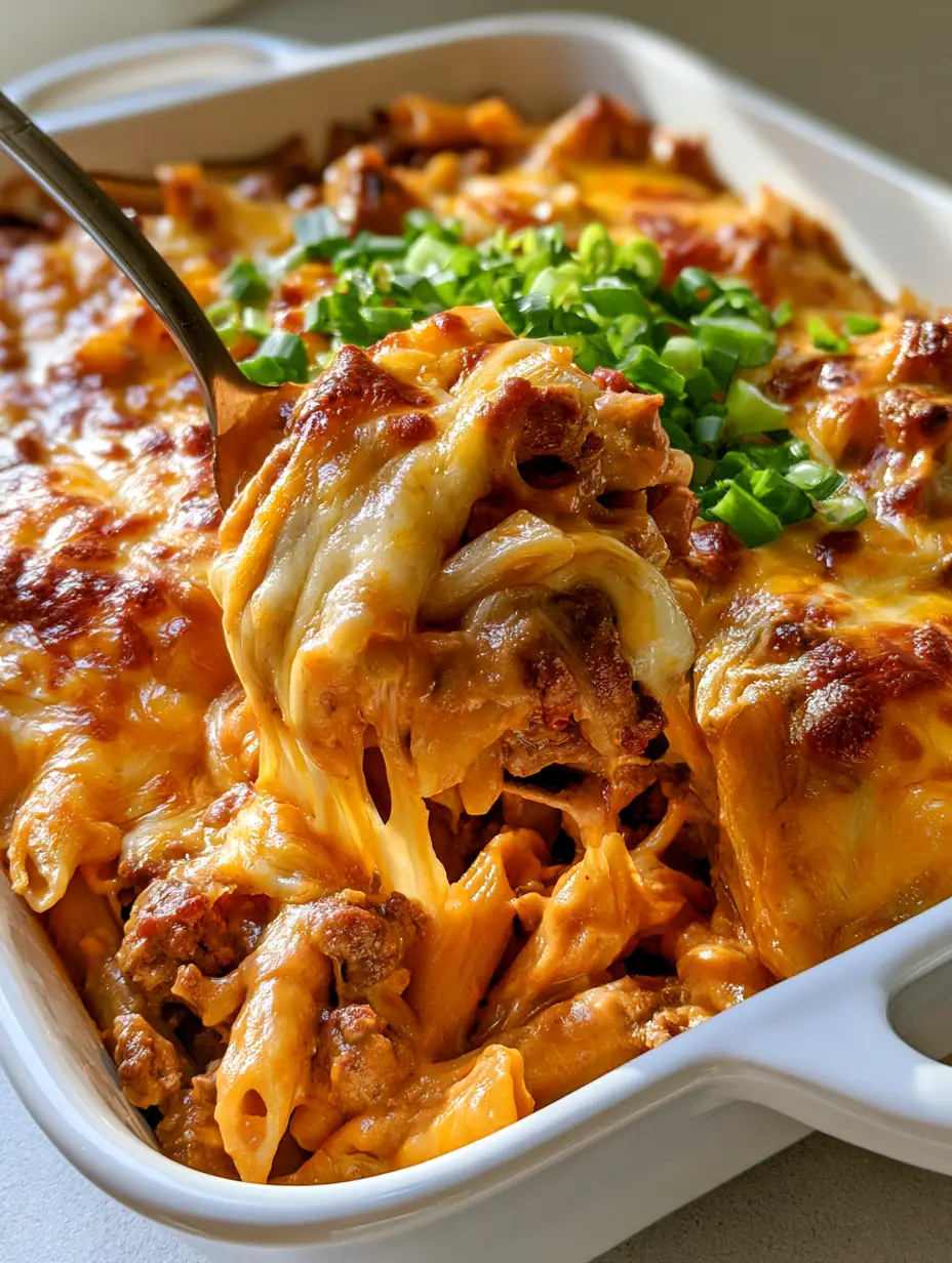 Cheeseburger Casserole with Penne and Creamy Cheddar Sauce 3 Close-up of Cheeseburger Casserole in a white dish showing melted bubbly cheddar and toasted golden-brown spots.
