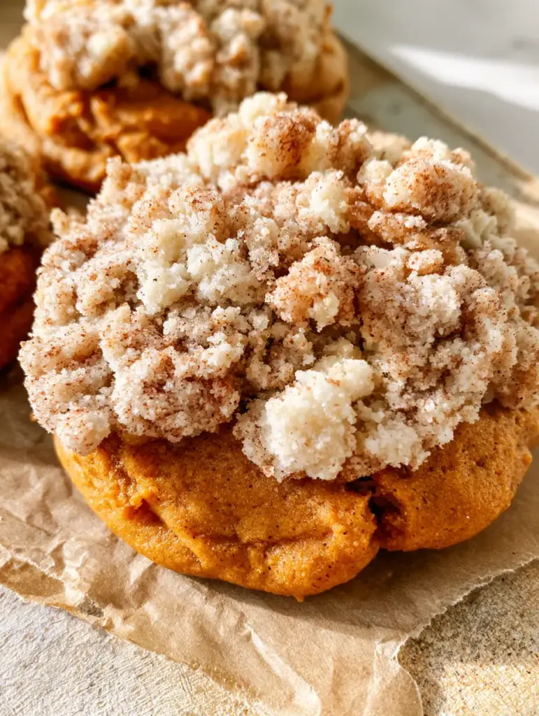 Pumpkin Cinnamon Crumble Cookies: The Ultimate Soft-Baked Fall Treat 1 Slightly overhead shot of thick pumpkin cookies topped with chunky light-tan cinnamon streusel.