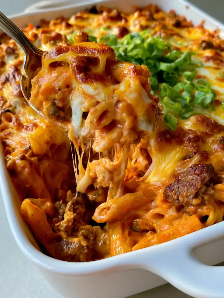 Cheeseburger Casserole with Penne and Creamy Cheddar Sauce 1 Top-down view of Cheeseburger Casserole garnished with fresh green scallions in a ceramic baking dish.