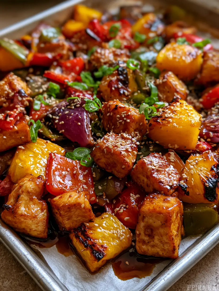 Hawaiian Chicken Sheet Pan with Glossy Teriyaki Glaze 4 Close up of seared chicken breast cubes and roasted pineapple with charred tips on a Hawaiian Chicken Sheet Pan.